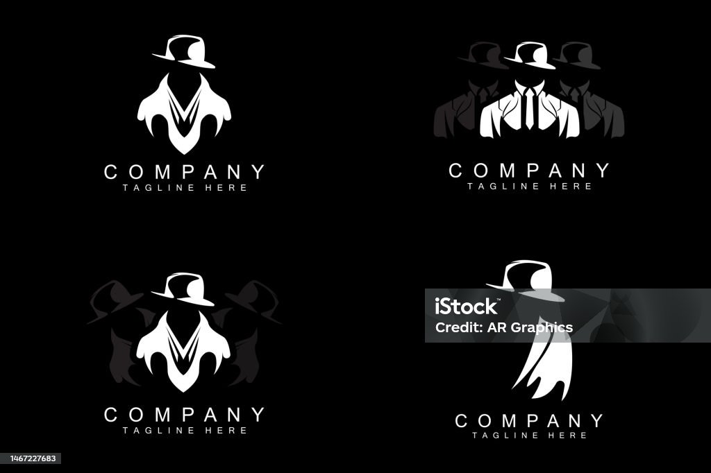 Detective Man Logo Design, Mafia Detective Fashion Tuxedo And Hat Illustration Vector, BlackMan Businesman Icon Adult stock vector Detective Man Logo Design, Mafia Detective Fashion Tuxedo And Hat Illustration Vector, BlackMan Businesman Icon Adult stock vector