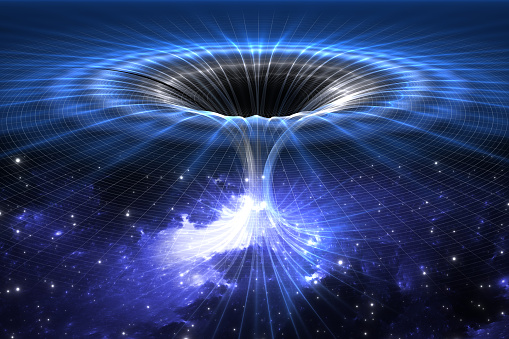 Wormhole or blackhole, funnel-shaped tunnel that can connect one universe with another