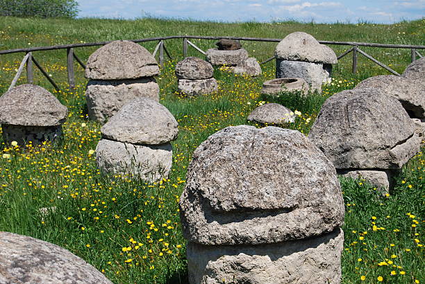 Ancient Roman graveyard, urns stock photo