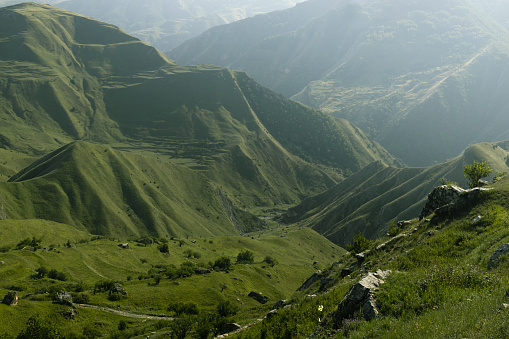 Breathtaking summer mountain landscape - lush saturated green slopes of hight ridges in early morning blue mist with deep shadows, folds and plicated valley, panorama view. Vacation in Dagestan.