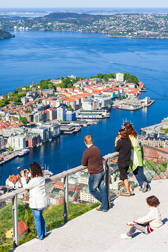 Bergen, Norway-May, 2015: People at a viewpoint in Bergen, Norway