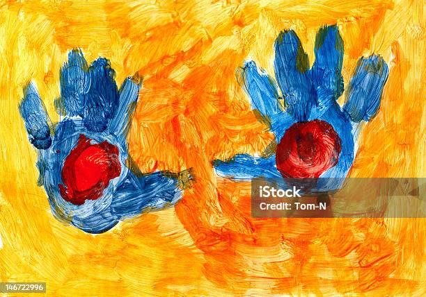 Blu Mani Su Sfondo Arancione - Fotografie stock e altre immagini di Disegno - Disegno, Arancione, Arte