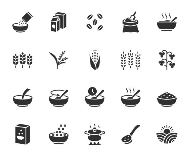 ilustraciones, imágenes clip art, dibujos animados e iconos de stock de conjunto vectorial de iconos planos de cereales. contiene iconos de gachas, copos de cereales, avena, trigo, trigo sarraceno, maíz, cebada, arroz, harina y más. pixel perfecto. - oat wheat oatmeal cereal plant