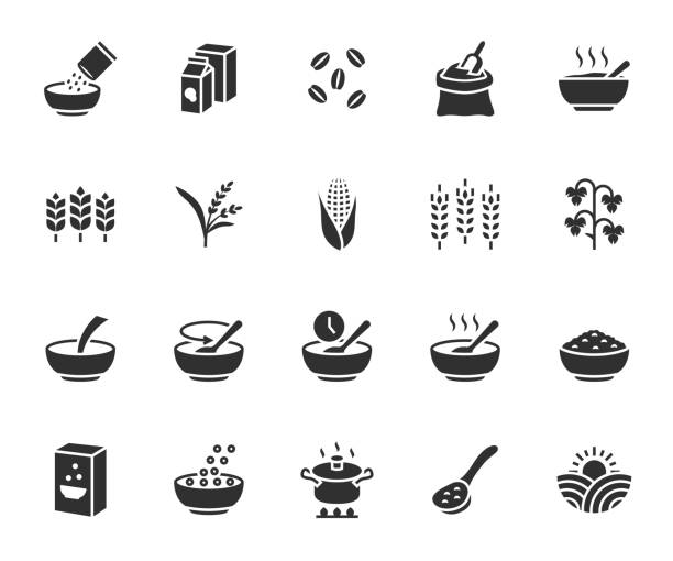векторный набор круп плоских иконок. содержит иконки каши, злаковые хлопья, овсянку, пшеницу, гречку, кукурузу, ячмень, рис, муку и многое дру - bowl cereal cereal plant granola stock illustrations