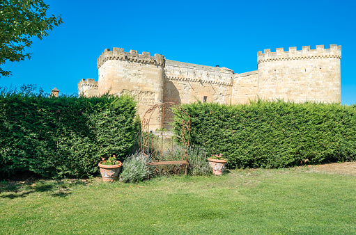 Topas, Spain - August 22, 2021: The Renaissance style castle of Villanueva del Cañedo (also known as Castillo del Buen Amor) in Topas, Salamanca province, Spain, built in the 15th century. Declared a National Monument in 1931, its current owners converted the castle, since 2003, into a hotel