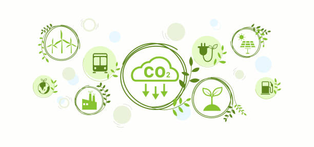 ilustrações, clipart, desenhos animados e ícones de reduzir as emissões de dióxido de carbono para limitar o aquecimento global e as mudanças climáticas. níveis mais baixos de co2 com desenvolvimento sustentável como energia renovável e veículos elétricos - vetor de cidade verde - emissions control