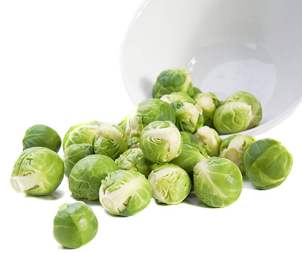 Brussels sprouts and plate on white background stock photo