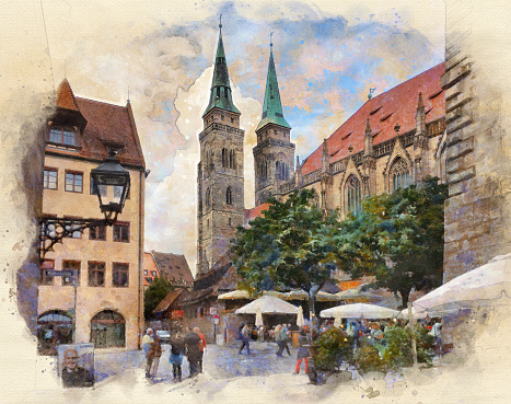 Street scene with St. Lorenz (Saint Lawrence) medieval church in Nuremberg, Bavaria, Germany. Sketch drawing, watercolor painting.