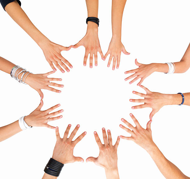 istock Hands together in a circle against white background 146723841