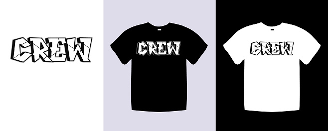 Crew typography t shirt lettering quotes design. Template vector art illustration with vintage style. Trendy apparel fashionable with text Crew graphic on black and white shirt