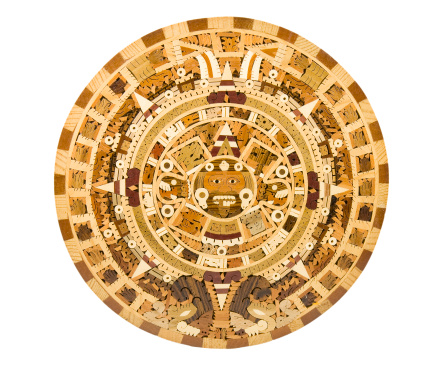 Accurate modern reproduction of the Aztec calendar relief carving known as the Stone of the Sun.