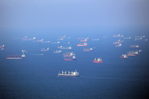 Tankers and cargo ships waiting at sea