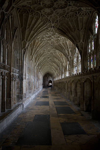 Arched corridor of Gloucester Cathedral stock photo