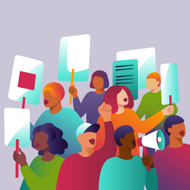 Diverse people on demonstration. Man and woman protest holding megaphone and placard. Diverse people on demonstration. Man and woman protest holding megaphone and placard. Protesting persons at political meeting, parade or rally. Vector flat illustration. climate protest stock illustrations