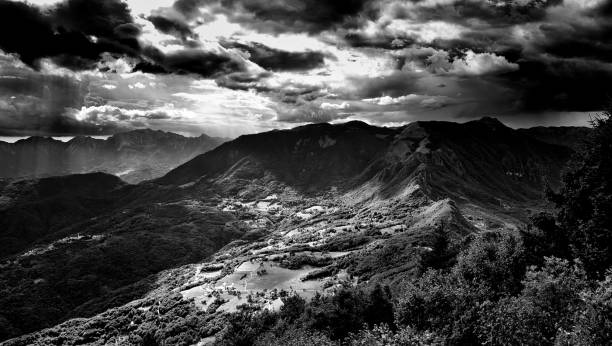 High-angle view of landscape in black and white.