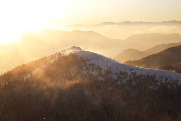 A landscape with mountain forests and the sun shining on the snowy mountaintops