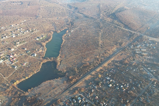 The aerial shot of the Ukrainian village near Kharkiv city from a drone.