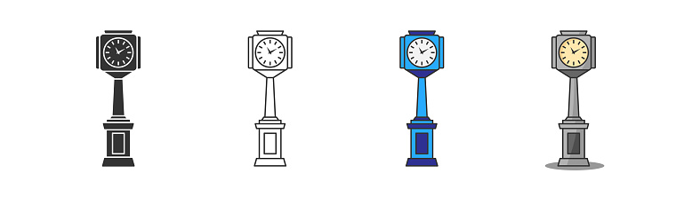Street clock icon on light background. Time symbol. Railway, old fashioned, vintage street clock. Outline, flat and colored style. Flat design. Vector illustration