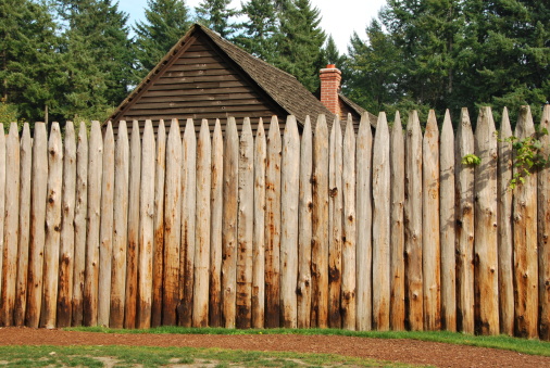 The palisade at old Fort Nisqually. Fort Nisqually is located in Point Defiance Park in Tacoma, Washington.