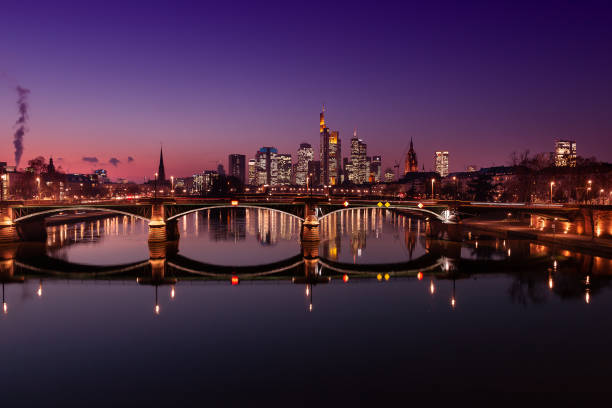 istock Frankfurt skyline in the blue hour. building illuminated. In the 1467258111