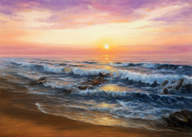 золотой восход солнца на пляже - oil painting abstract fine art painting painted image stock illustrations