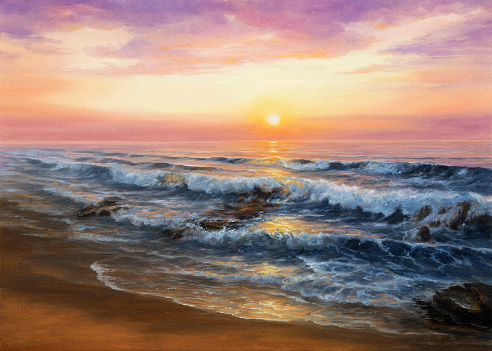 Original  oil painting of beautiful golden sunset over ocean beach on canvas.Modern Impressionism, modernism,marinism