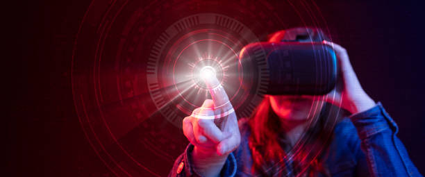 istock Hispanic woman with digital goggles with blue and red light while pressing a light button 1467258852