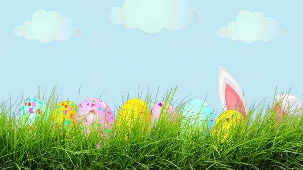istock Easter Eggs on Grass with Bunny Ears and Blue Sky with no text 1467259014