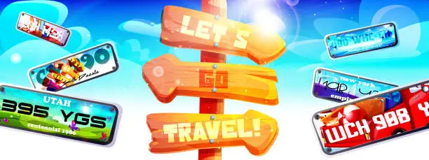 Vector illustration of Travel and tourism concept in cartoon style. An old wooden signboard with car license plates against a clear sunny sky.