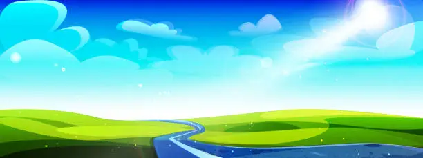 Vector illustration of Road travel concept in cartoon style. Sunny summer landscape with an asphalt road.