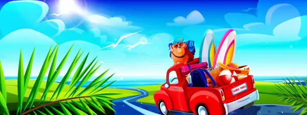 Vector illustration of Road trip and beach holiday concept in cartoon style. Sunny summer landscape with a tourist pickup truck driving to the sea.
