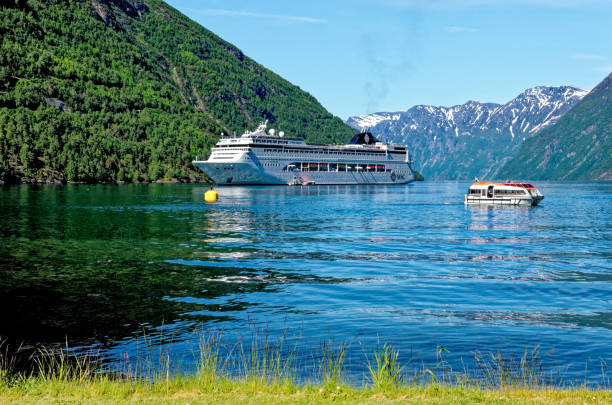 MSC Lirica Cruise ship in Norwegian Fjords - Geiranger fjord - Hellesylt, Sunnylvsfjord, Norway, Scandinavia. Travel destination Norway 21.06.2012