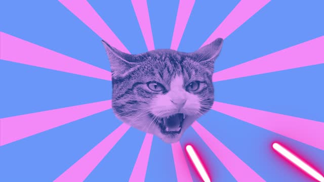 Animation motion design. Looping graphic animation in zin art style. Laser beams shoots from a cat's eyes. The head of a cat in tunnel colour space. Cool and the best moves in stylish of 80s and 90s