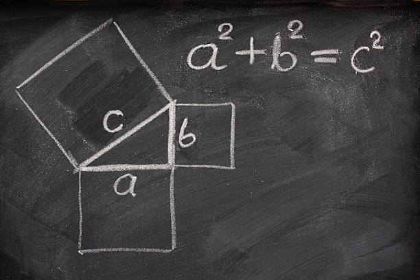 Pythagorean theorem on chalkboard Pythagorean theorem sketched with white chalk on a blackboard pythagoras stock pictures, royalty-free photos & images