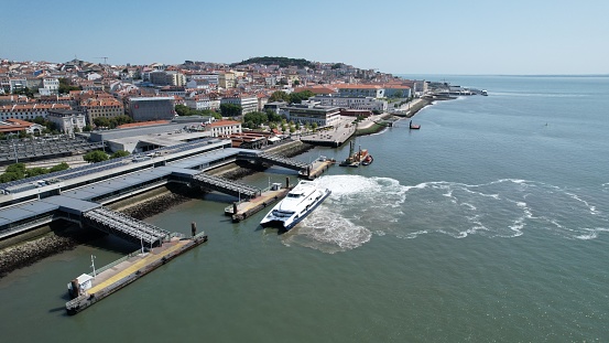 Aerial view from riverside view from Cais do Sodre,Lisbon where we can see also the Boat Terminal.Portugal