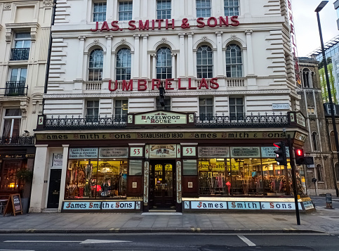 London, UK - February 2023: Victorian era Hazelwood House is home to James Smith & Sons Umbrella Shop, known as \