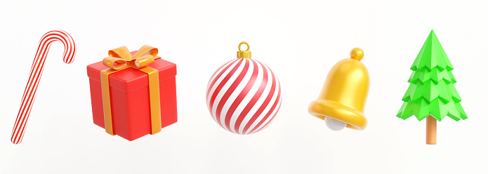Happy New Year and Merry Christmas.Set of christmas decorations for design on isolated white background.Christmas tree, Gift box,Ball and Candy Cane.3D Rendering