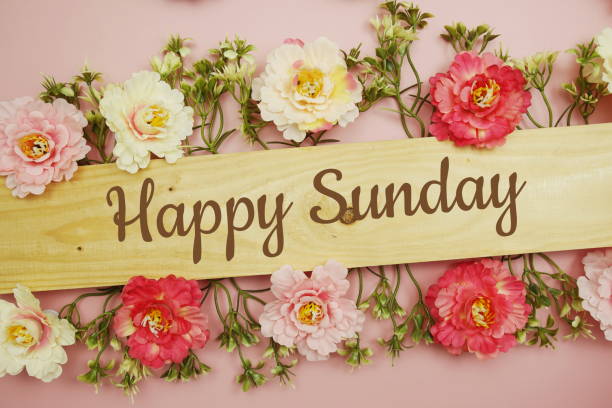 istock Happy Sunday typography text and flower decorate on pink background 1467270364