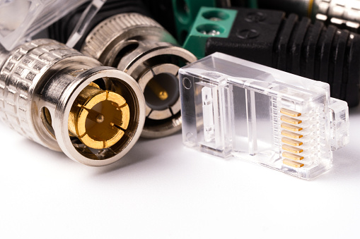 Various connectors for coaxial and twisted pair cable, for video signal transmission