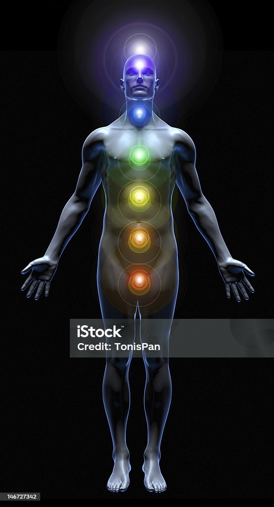 Chakra Energy 3D rendered illustration of male figure diagram, showing the seven Chakra energy centers Adult Stock Photo