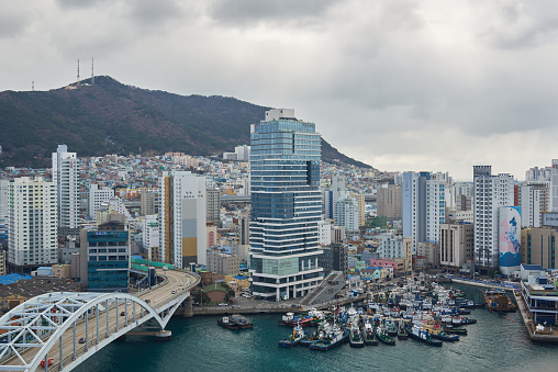 Cityscape of Busan Metropolitan City in South Korea, view from Diamond Tower on 15 February 2023