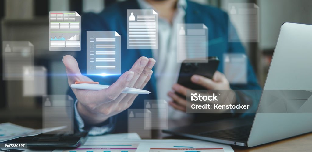 Digital Data and document online management concept, icon data show on visual screen, data on server and big data. Artificial Stock Photo