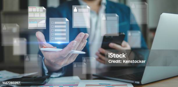 Digital Data And Document Online Management Concept Icon Data Show On Visual Screen Data On Server And Big Data Stock Photo - Download Image Now
