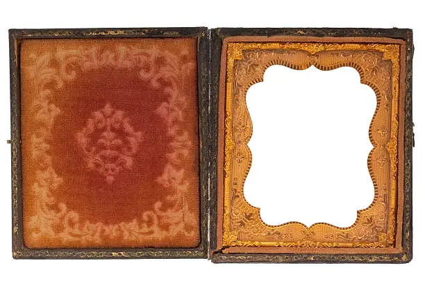 Photo of antique photography case with blank picture frame