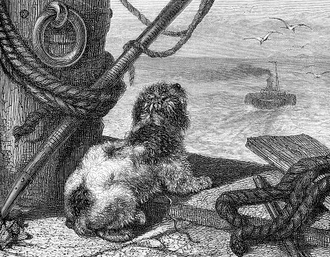 loyal dog on the pier waiting its master comeback from the sea, vintage engraving