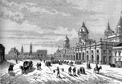 Santiago, Chile - Plaza de las Armas, the main square of the city with historic buildings and the palace of government, vintage engraving