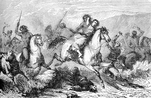 South America horseback  indigenous brutally attack people with lances und bolas, stealing women and cattle, vintage engraving