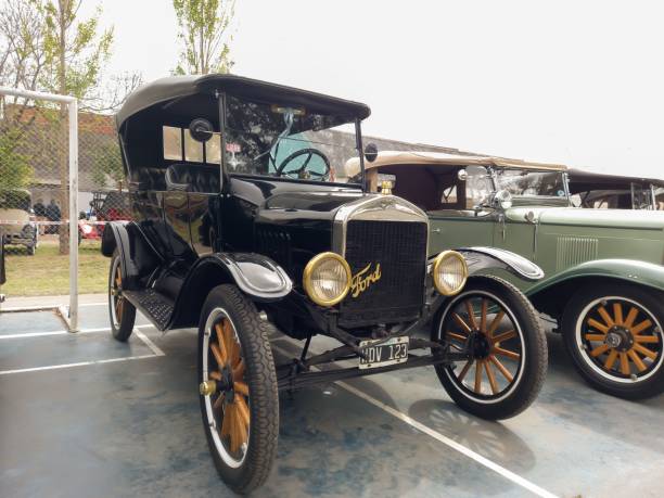 Vintage black 1910s 1920s Ford Model T taxi cab double phaeton. AAA 2022 classic car show. Lanus, Argentina – September 26, 2022: Lanus, Argentina - Sept 25, 2022: Vintage black 1910s 1920s Ford Model T taxi cab double phaeton. AAA 2022 classic car show. model t ford stock pictures, royalty-free photos & images