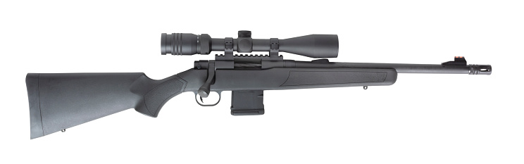 Rifle scope on a black bolt action rifle chambered in 556 on a white background