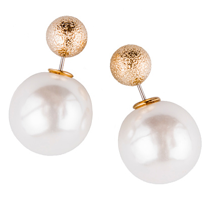 Golden earrings with pearls on a white background